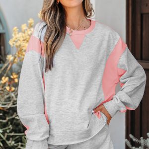 Light Grey Color Block Raw Hem Pullover and Casual Shorts Set