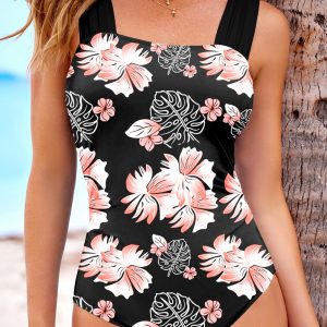 Black Floral Print Square Neck Ruched Tommy Control One Piece Swimsuit