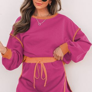 Rose Red Color Contrast Loose Pullover and Lace-up Waist Skort Set