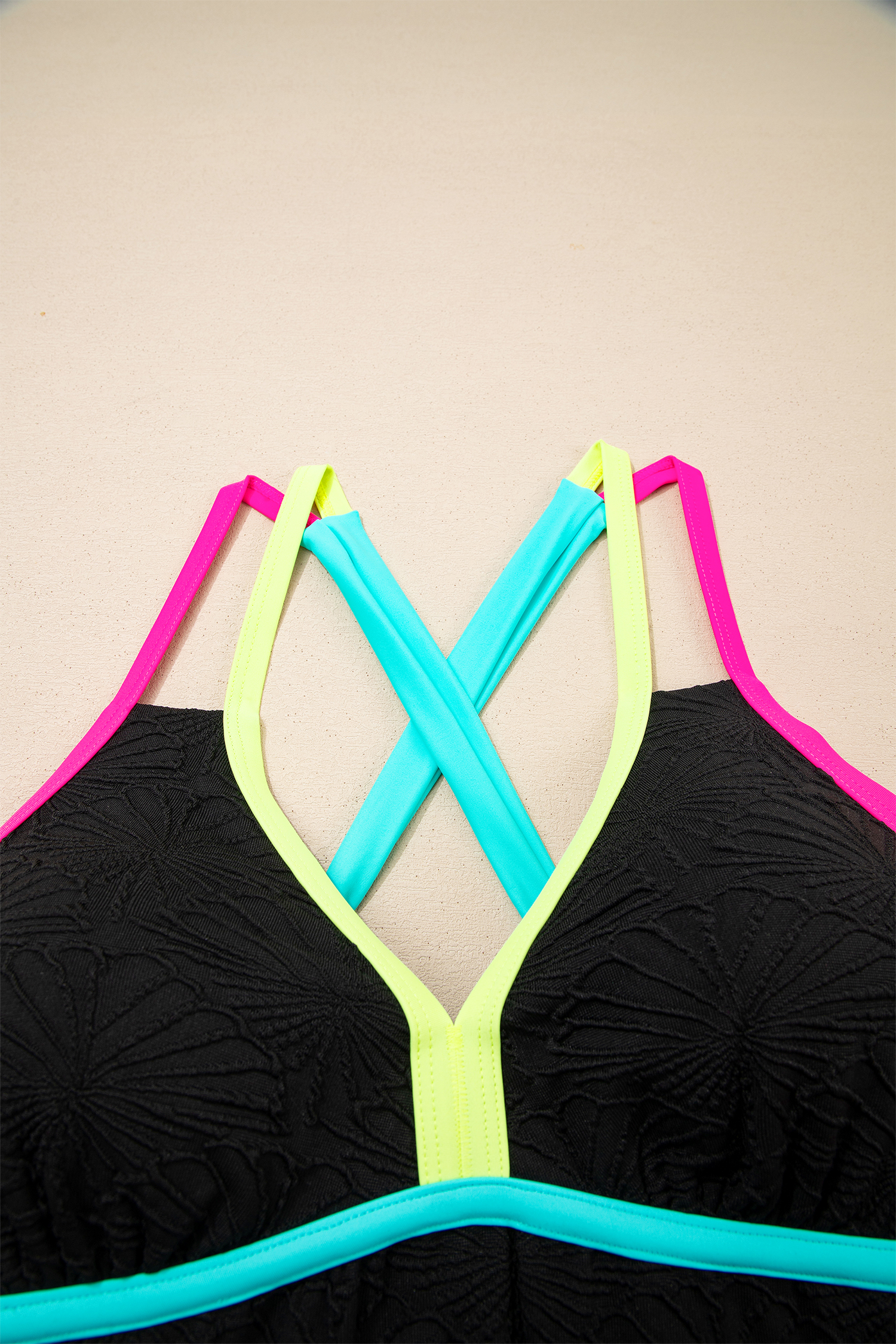Black Floral Textured Neon Trim V Neck Crisscross Backless Tankini Set - Image 6