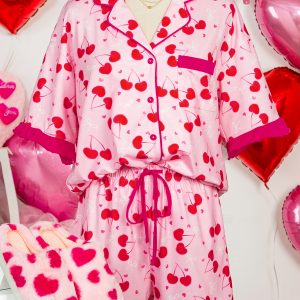 Rose Cherry Bow Mixed Print Scalloped Edge Short Pajama Set
