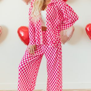 Pink Checkered Buttoned Shirt and High Waist Pants Pajama Set