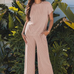 Smoke Gray Solid Corded Knit Short Sleeve T Shirt and Wide Leg Pants Set