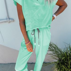 Mint Green Solid Color V Neck Tee Drawstring Pant Set