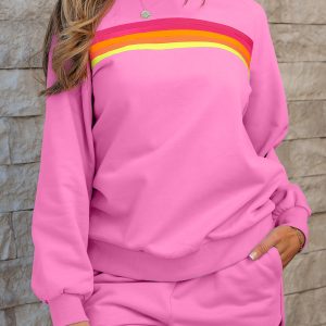 Bonbon Striped Accent Pullover and Shorts Two Piece Casual Set