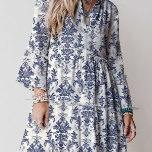 Sky Blue Boho Floral Print Lettuce Trim 3/4 Sleeve Mini Dress