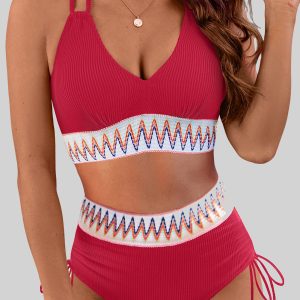 Racing Red Ribbed Knit Tribal Contrast Detail 2pcs High Waist Swimsuit