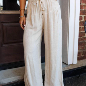 Jet Stream Drawstring Elastic Waist Button Pleated Detail Wide Leg Pants