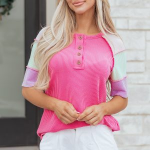 Bright Pink Twisted Ribbed Color Block Patchwork Henley Short Sleeve T Shirt