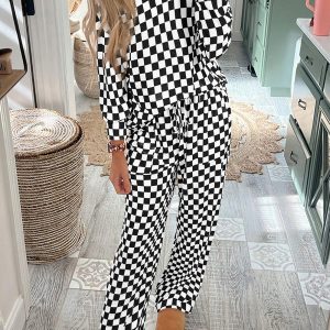 Black Checkered Print Long Sleeve Top and Pants Lounge Set