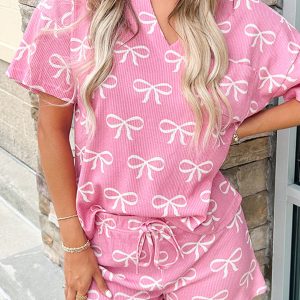 Pink Waffle Knit Bowknot Printed V Neck T Shirt and Shorts Set