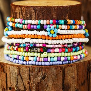 Yellow Flower Random Color Multi Layered Beaded Anklet Set