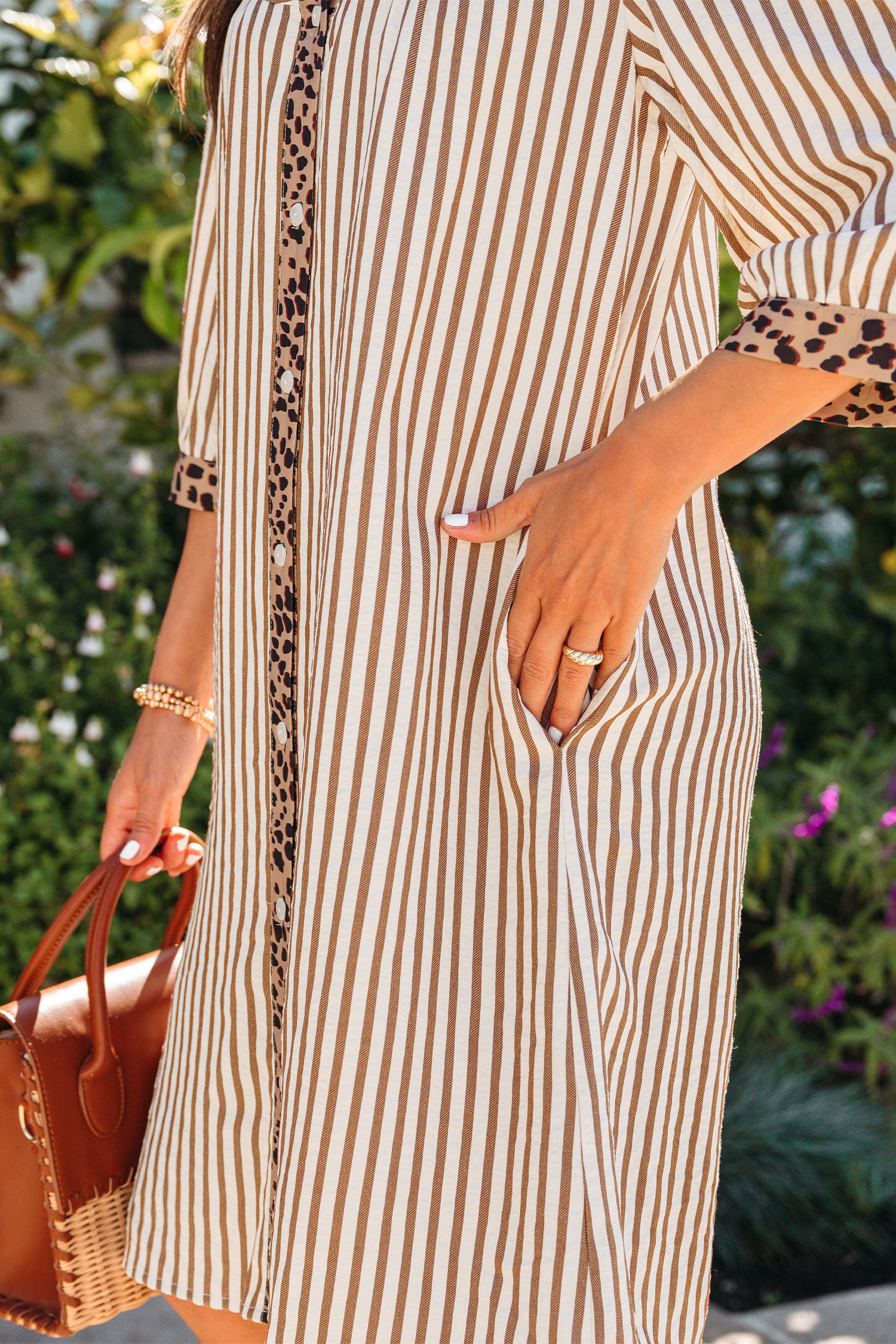 Khaki Stripe Square Button Leopard Trim Loose Bracelet Sleeve Shirt Dress - Image 5