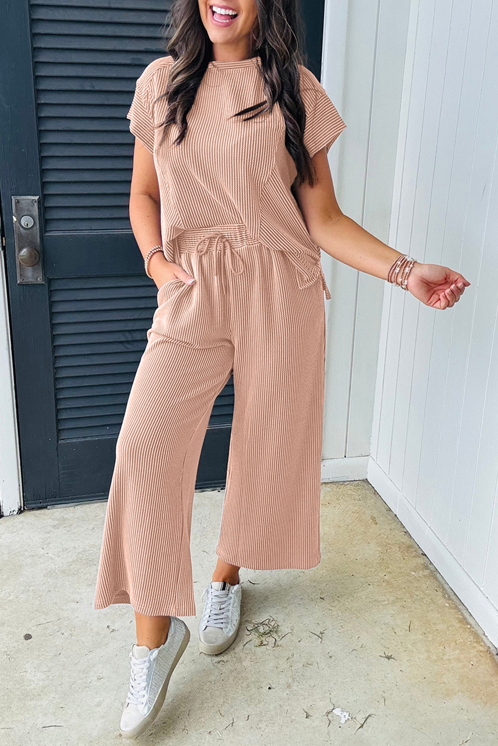 Smoke Gray Solid Corded Knit Short Sleeve T Shirt and Wide Leg Pants Set - Image 6
