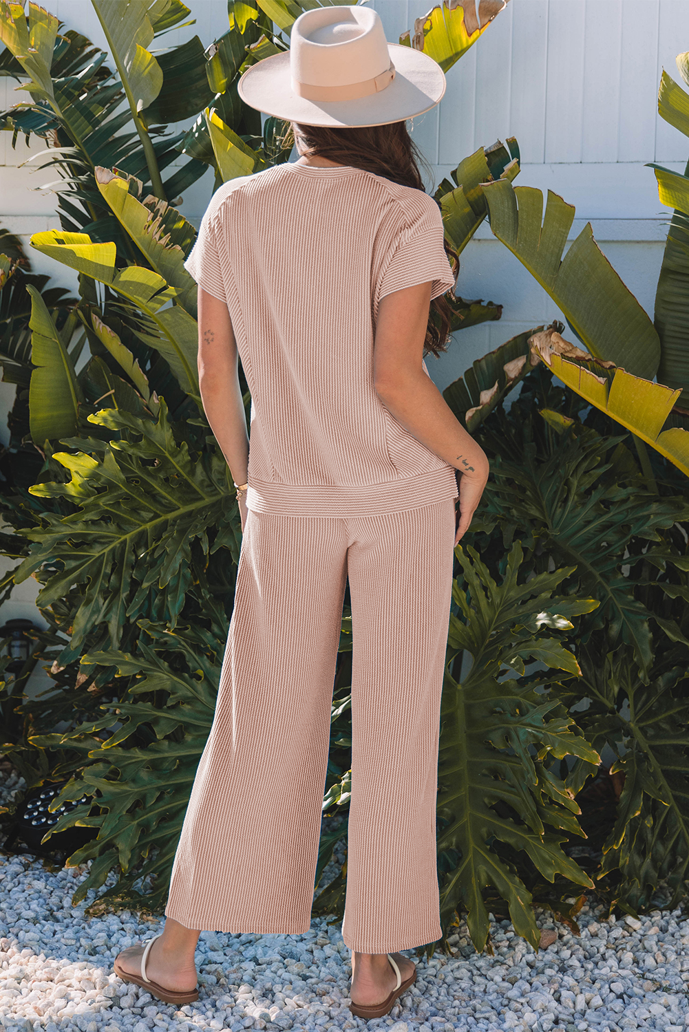 Smoke Gray Solid Corded Knit Short Sleeve T Shirt and Wide Leg Pants Set - Image 2