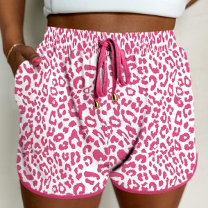 Pink Leopard Elastic Waistband Lace up Contrast Trim Casual Shorts