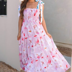 Pink Floral Print Knotted Shoulder Smocked Maxi Dress