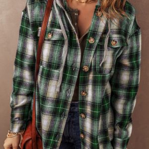Green Plaid Print Chest Pocket Buttoned Hooded Shacket