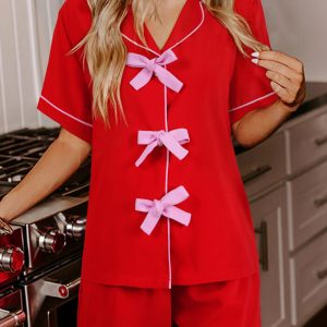 Fiery Red Contrast Trim Ribbon Bow Short Silky 2pcs Pajama Set