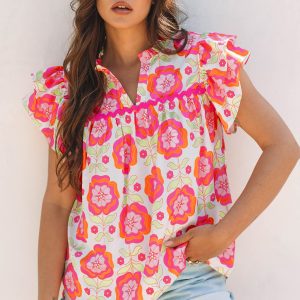 Rose Floral Ruffled Sleeve Ric-rac Trim Split Neck Loose Blouse