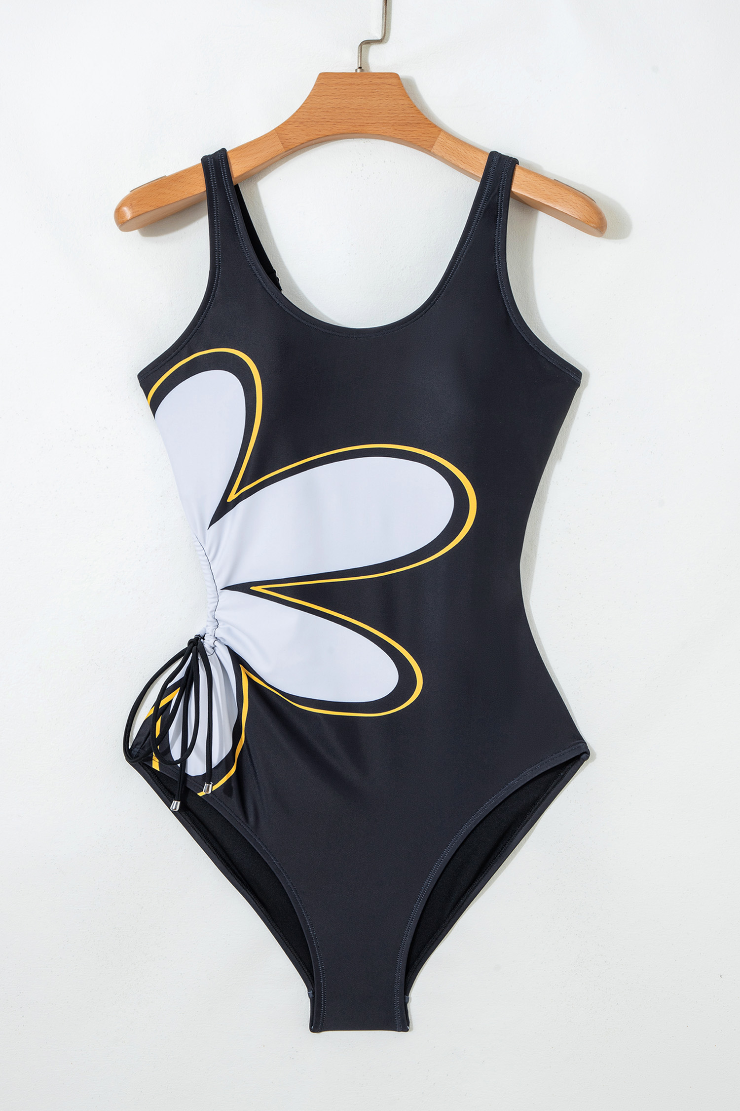 Black Drawstring Big Hole Floral Print Sleeveless One Piece Swimsuit - Image 7