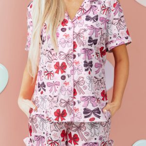Pink Cute Ribbon Bows Printed 2pcs Short Pajama Set