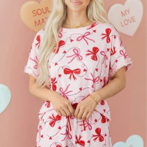 Red Romantic Bow Print Loose Tee Drawstring Shorts 2pcs Lounge Set