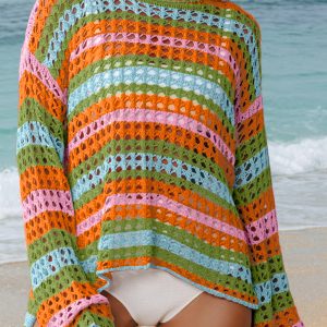 Carrot Multi Stripe Open Knit Sweater Beach Cover Up