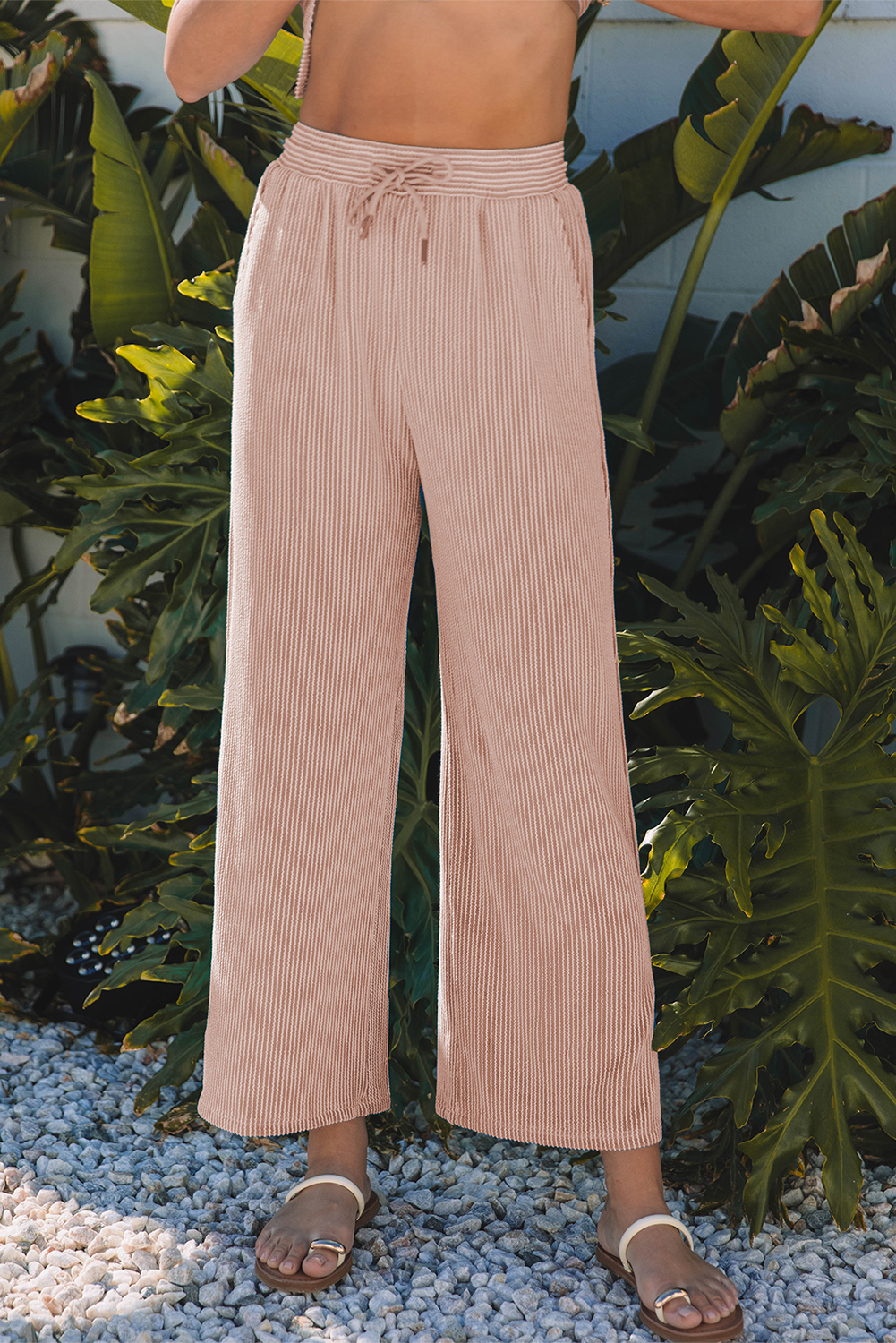 Smoke Gray Solid Corded Knit Short Sleeve T Shirt and Wide Leg Pants Set - Image 5