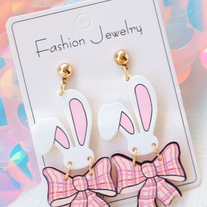 Pink Plaid Bow Easter Bunny Studded Earrings