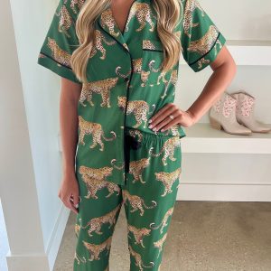 Green Cheetah Print Short Sleeve Shirt and Pants Pajama Set