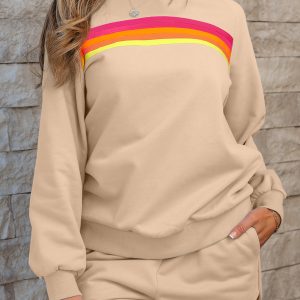 Apricot Striped Accent Pullover and Shorts Two Piece Casual Set