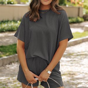 Carbon Grey Ribbed Textured Knit Loose Fit Tee and Shorts Set