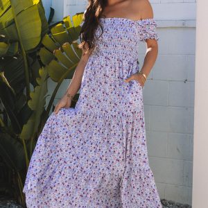 Purple Floral Short Bubble Sleeve Shirred High Waist Maxi Dress