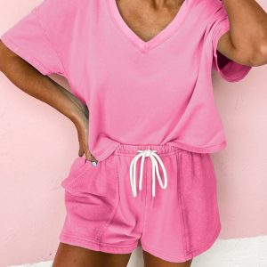 Bonbon V Neck Drop Shoulder Tee and Patchwork Drawstring Elastic Waistband Shorts Set
