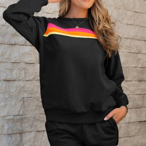 Black Striped Accent Pullover and Shorts Two Piece Casual Set