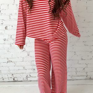 Red Stripe Drop Shoulder Long Sleeve Top Lounge Pants 2pcs Set