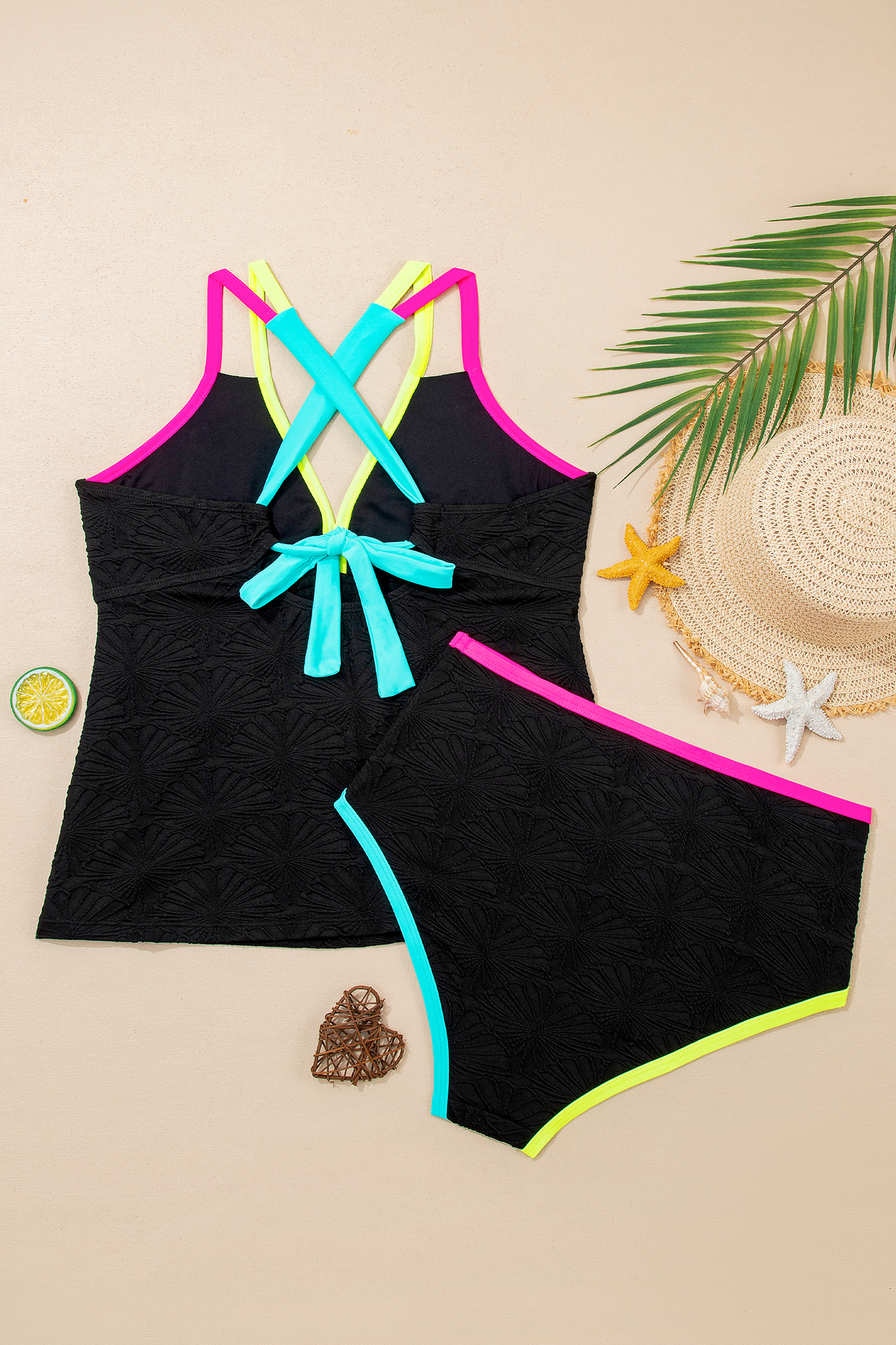 Black Floral Textured Neon Trim V Neck Crisscross Backless Tankini Set - Image 5